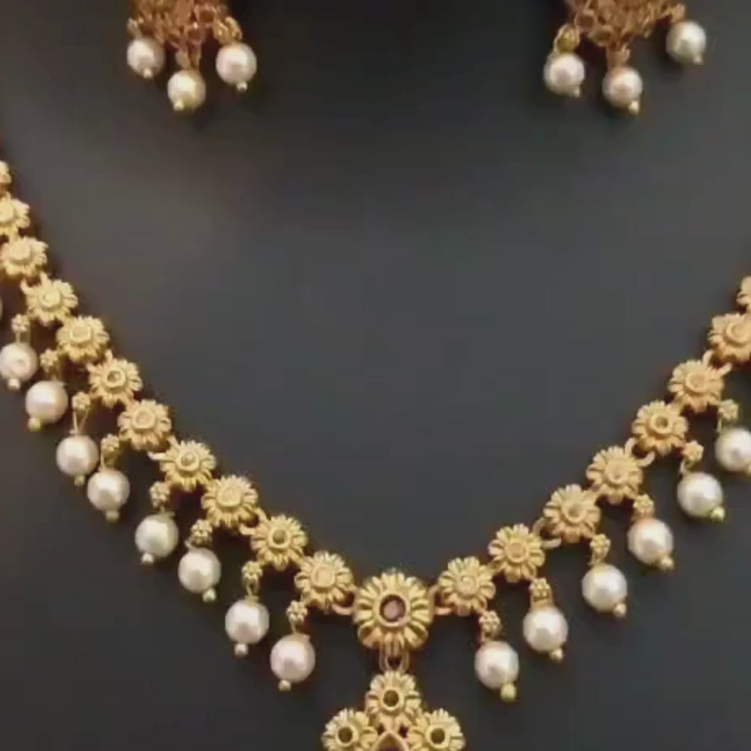 Traditional Floral Pearl Drop Necklace Set | Gold-Plated Temple Necklace with Ruby Stone & Matching Earrings for Women