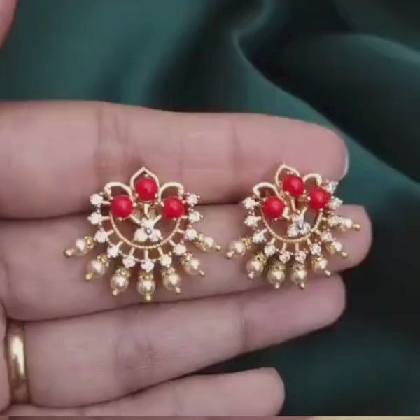Gold Plated Red Bead Chandbali Earrings for Women | Traditional Pearl Drop Stud Earrings