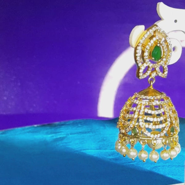 Green Stone Zircon Studded Pearl Jhumka Earrings for Women