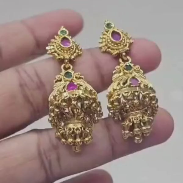 Gold Plated Antique Jhumka Earrings with Pink & Green Stones