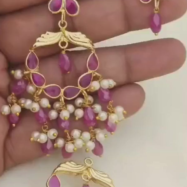 Pink Stone Chandbali Earrings with Pearls | Gold Plated Ethnic Jhumka Earrings | Party & Festive Wear