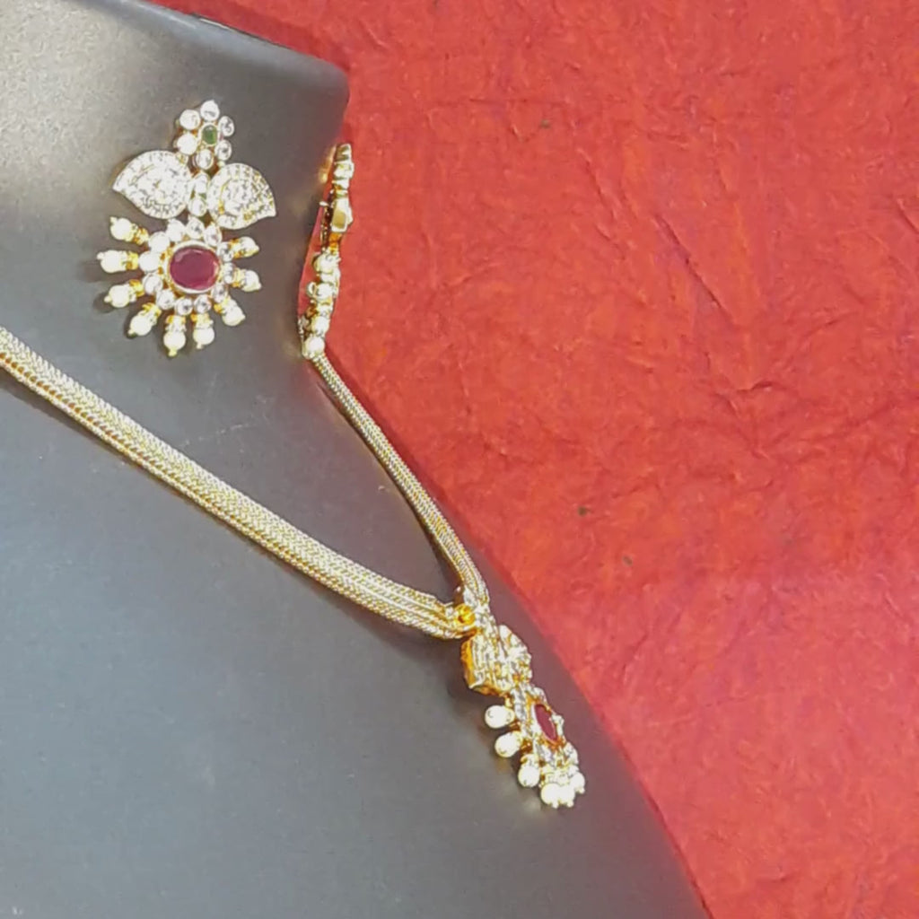 Traditional Ruby Floral Pendant Necklace Set with Matching Earrings | Gold-Plated Ethnic Jewelry for Women