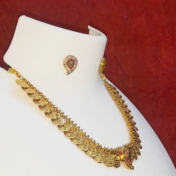 Antique Lakshmi Coin Necklace Set with Paisley Pendant & Matching Stud Earrings-US-NE-0006