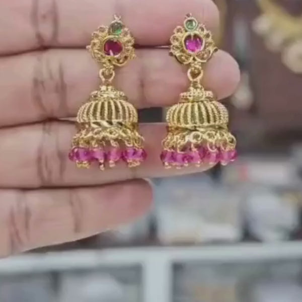 Gold Plated Pink Stone Jhumka Earrings for Women