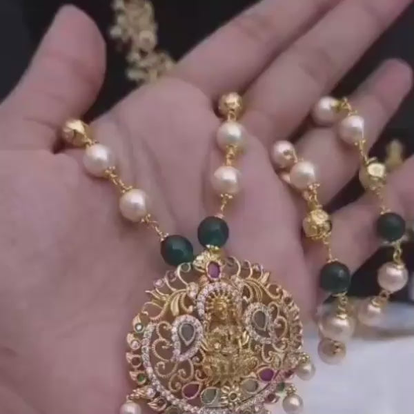 Lakshmi Temple Pendant Necklace for Women | Gold Plated Pearl & Green Bead Haram