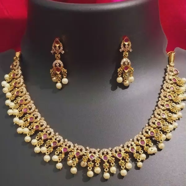 Gold Kundan Necklace & Earrings Set with Pearl Drops