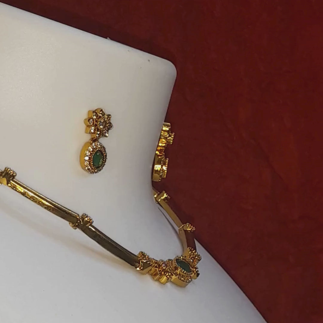 Elegant Emerald Green Stone Gold-Plated Choker Necklace Set with Matching Earrings | Traditional Party & Wedding Jewellery for Women