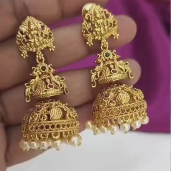 Gold Plated Temple Jhumka Earrings with Pearl Drops | Traditional South Indian Designer Jhumkas