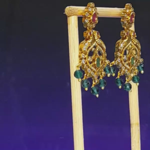 Gold Chandbali Earrings with Emerald Green Crystal Drops