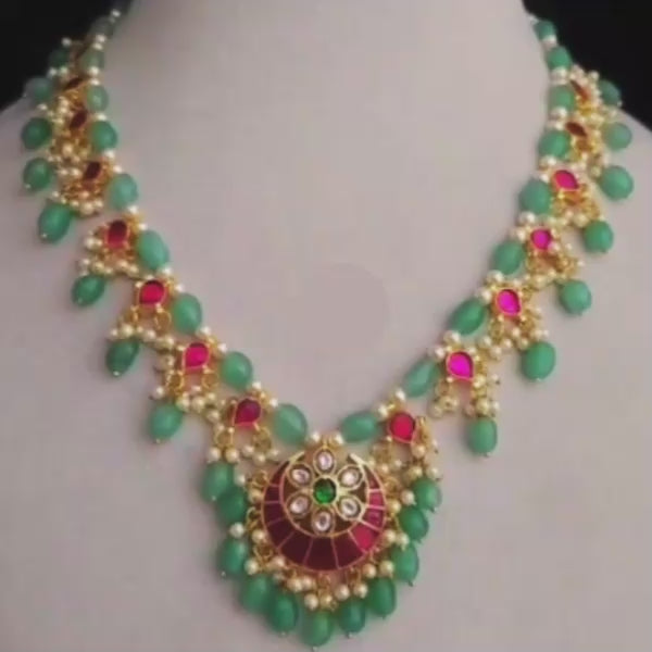 Traditional Kundan Necklace Set with Green Beads | Pink Stone Ethnic Choker Necklace for Women