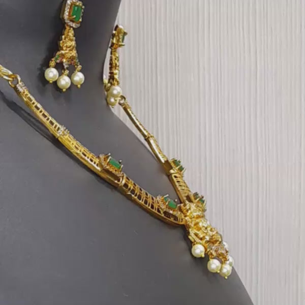 Emerald Stone Lakshmi Temple Necklace Set with Pearl Drops – Premium Gold-Plated Jewelry