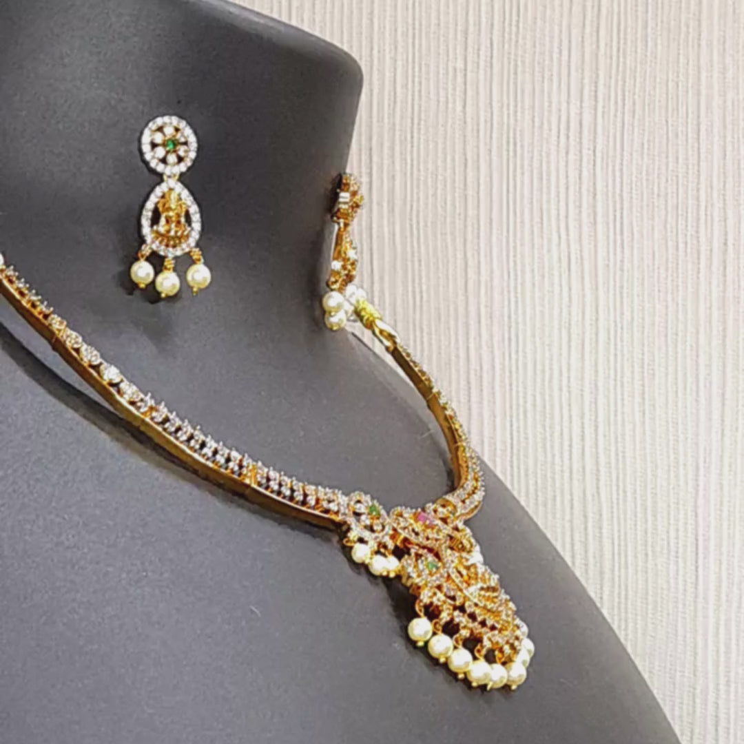 Gold-Plated Traditional CZ Stone & Pearl Choker Necklace Set for Women | Bridal Wedding Party Wear Jewelry with Matching Earrings