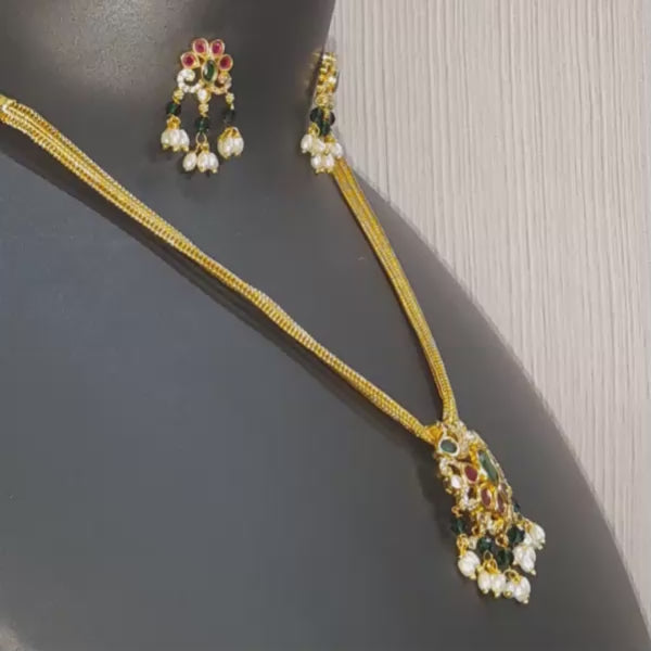 Traditional Gold-Plated CZ Necklace Set with Green & Ruby Stones | Pearl Drop Pendant & Earrings | Ethnic Jewellery for Women