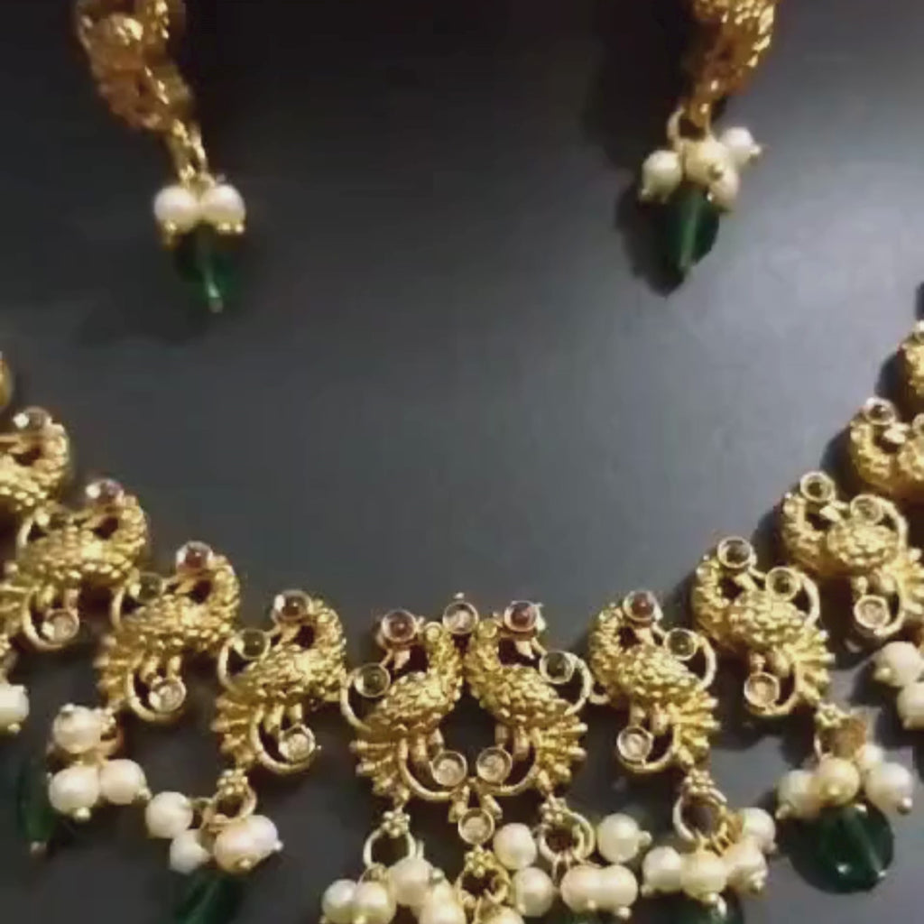 Traditional Peacock Temple Necklace Set | Gold-Plated Green Bead & Pearl Drop Necklace with Matching Earrings for Women