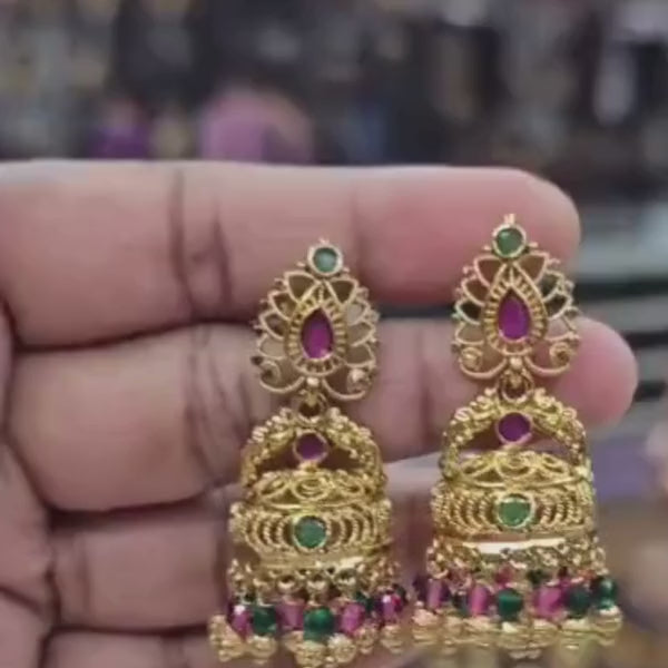 Gold Plated Multicolor Temple Jhumka Earrings for Women | Traditional Pink & Green Stone Jhumkas