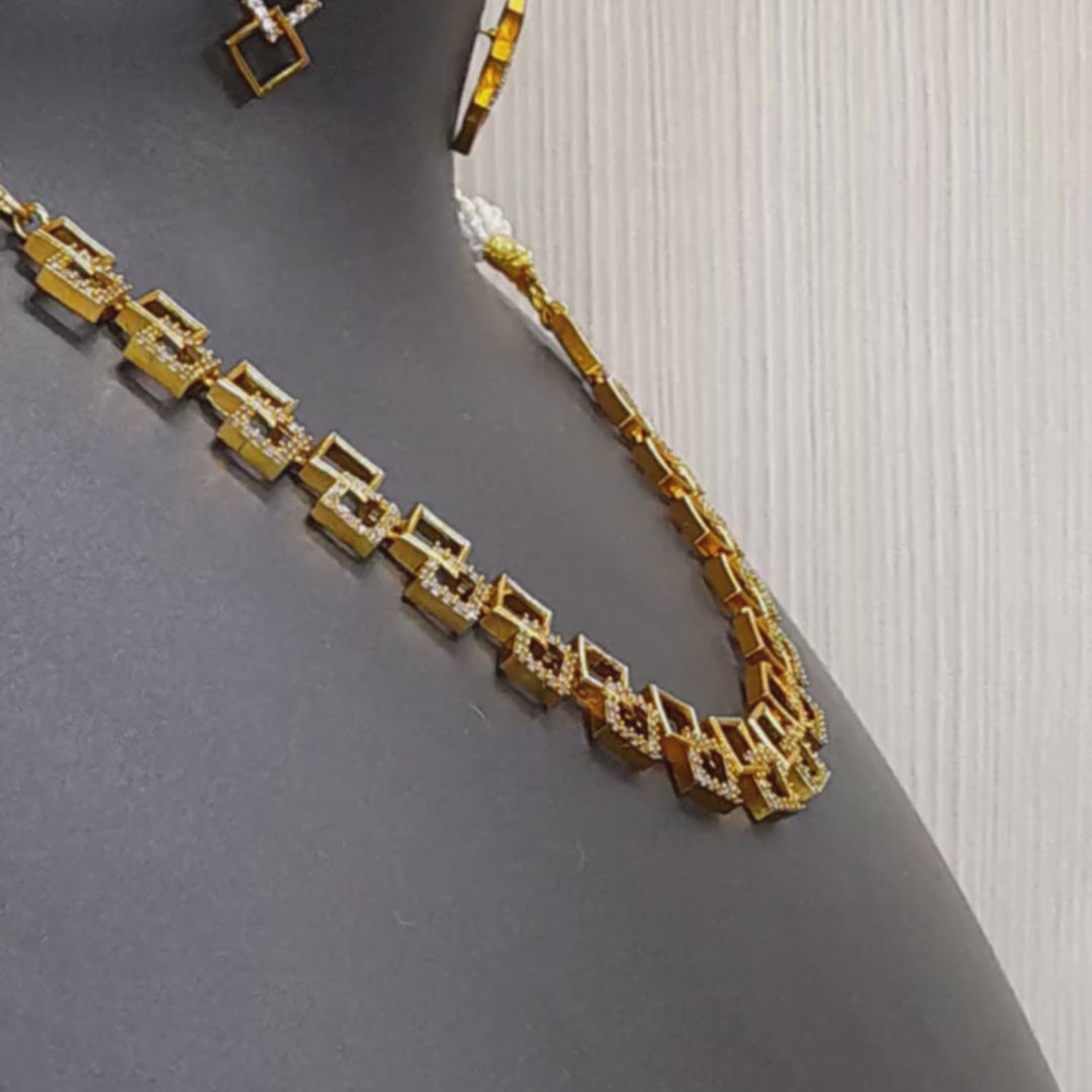 Gold Geometric Square Necklace Set with Diamond Studs & Earrings