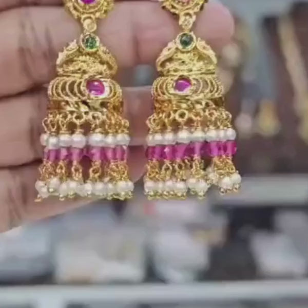 Gold Plated Pink & Green Stone Jhumka Earrings with Pearl Drops