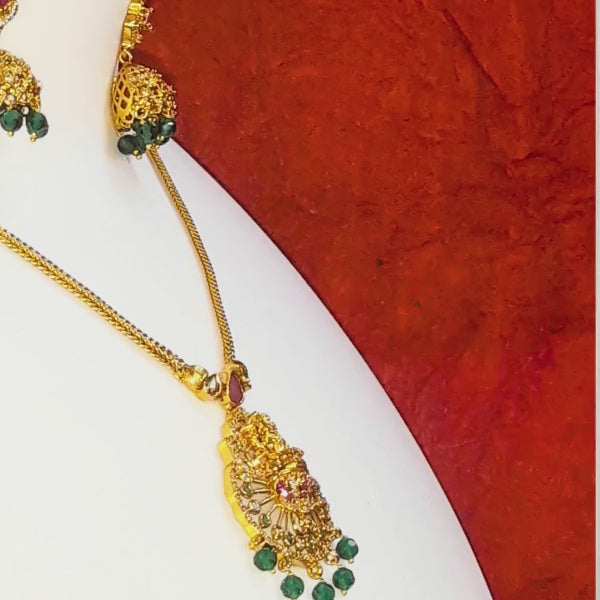 Gold Antique Filigree Pendant Necklace & Jhumka Earring Set