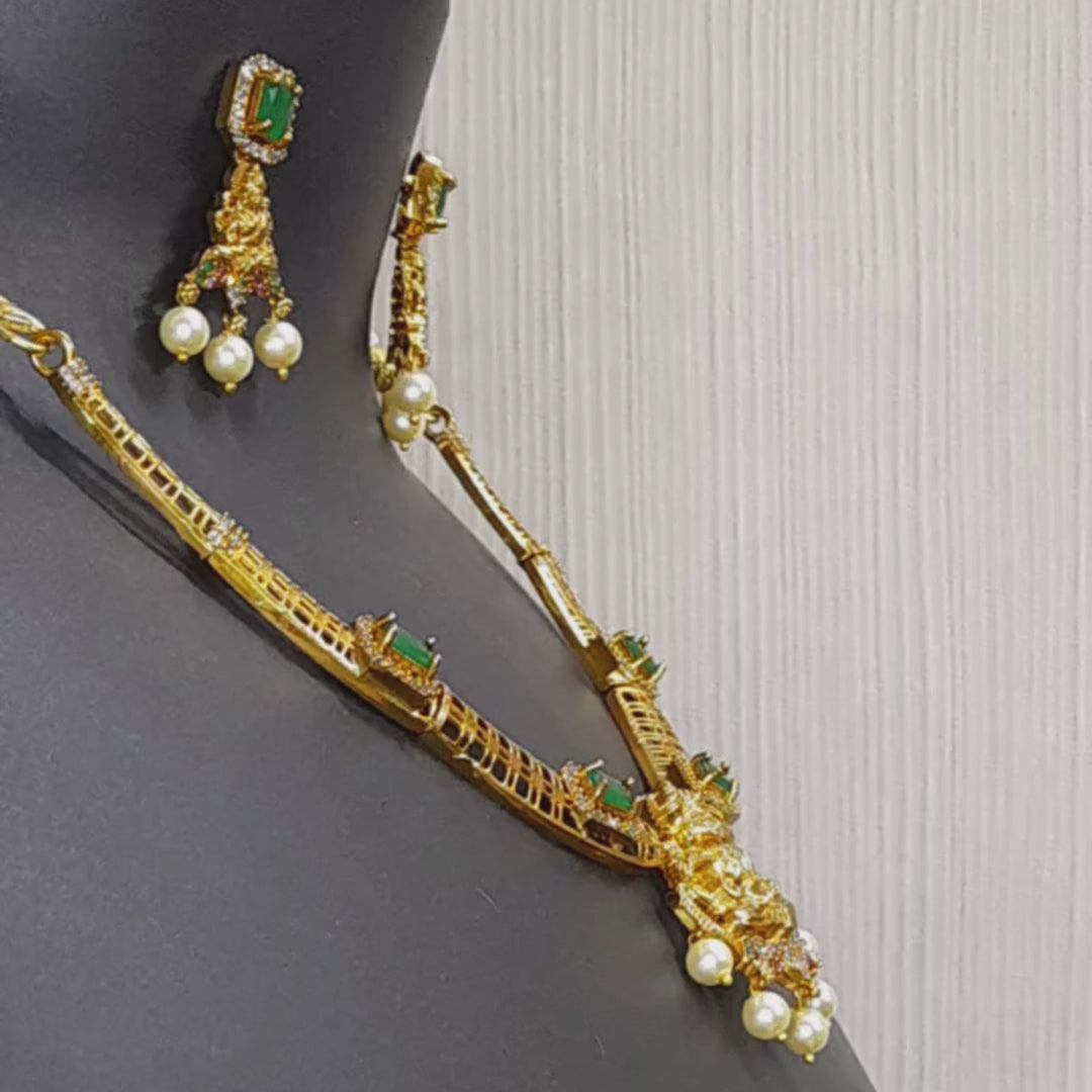 Urban Sparkles Premium Emerald Green Temple Necklace Set with Pearl Drop Earrings | Traditional Gold-Plated Bridal Jewellery for Women