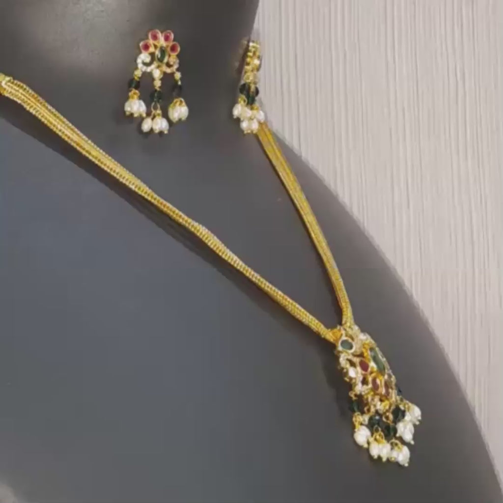 Traditional Gold-Plated Kundan Pendant Necklace Set with Green & Ruby Stones, Pearl Drops & Matching Earrings | Ethnic Jewellery for Women
