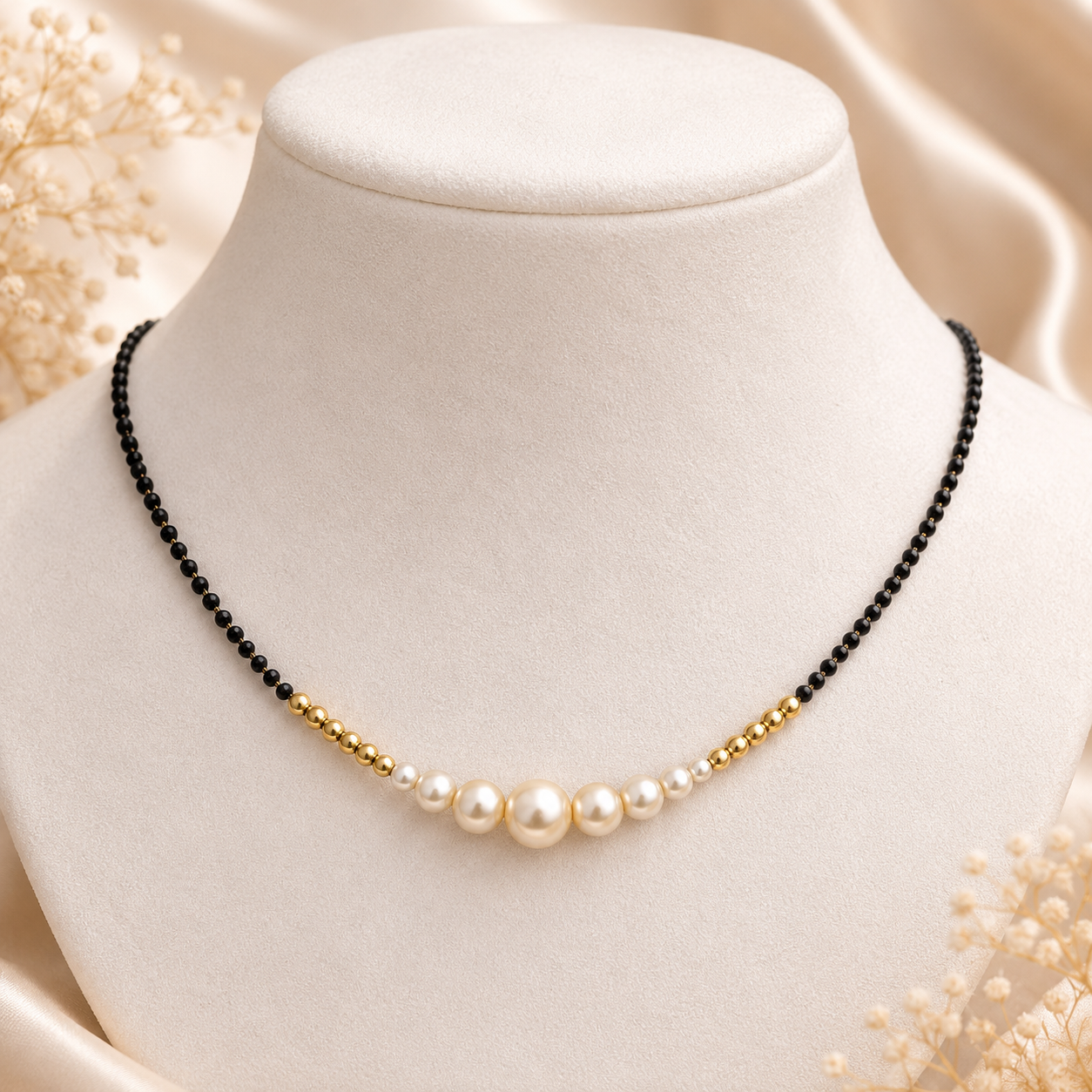 Black Beads Pearl Mangalsutra for Women | Minimal Gold Plated Short Chain with Pearls | Daily Wear Elegant Jewellery