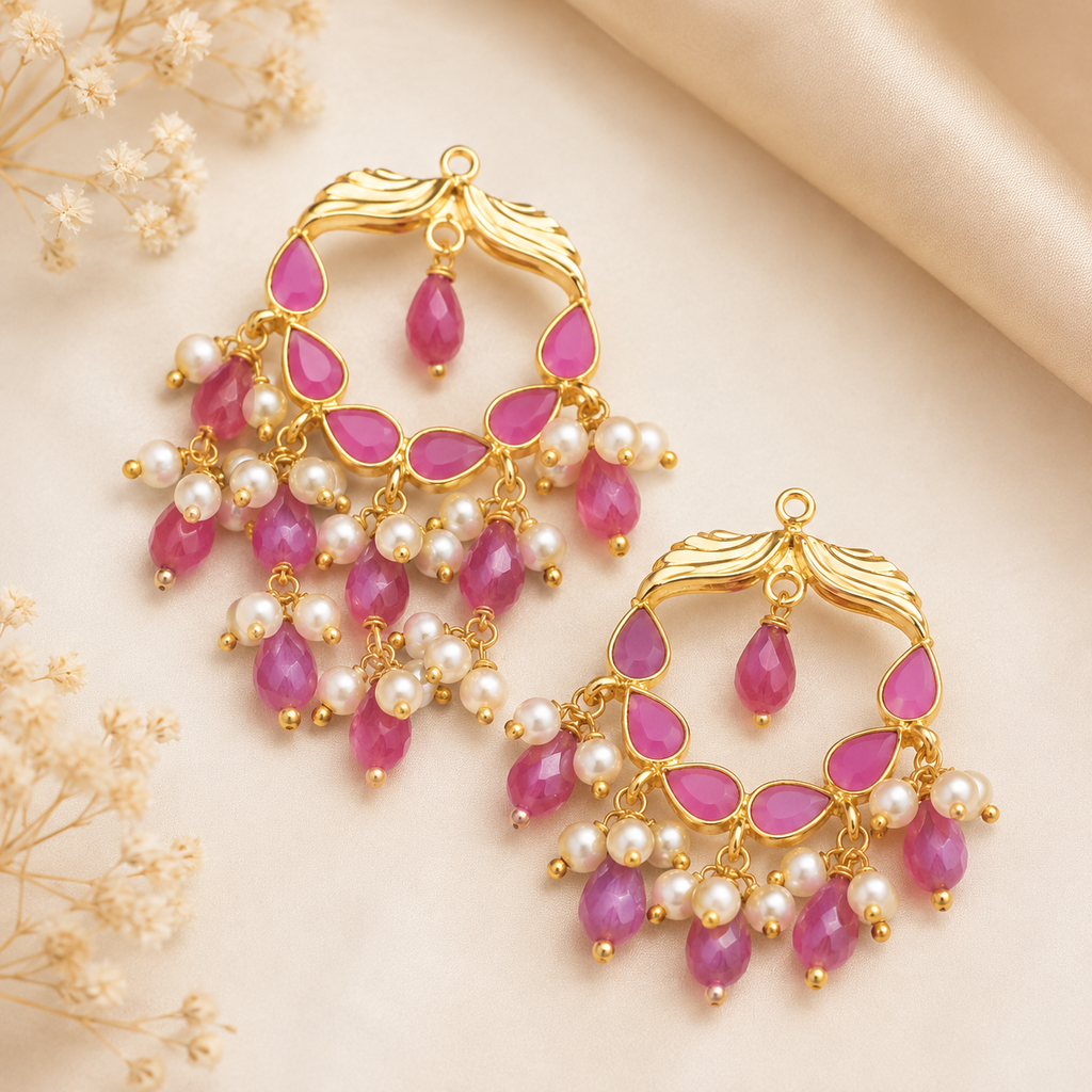 Pink Stone Chandbali Earrings with Pearls | Gold Plated Ethnic Jhumka Earrings | Party & Festive Wear