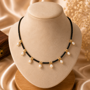 1_e232f114-d3a5-48ba-84dd-e4924cb18cc1.png Minimal Black Beads Pearl Drop Necklace for Women | Elegant Daily Wear Mangalsutra Style Chain