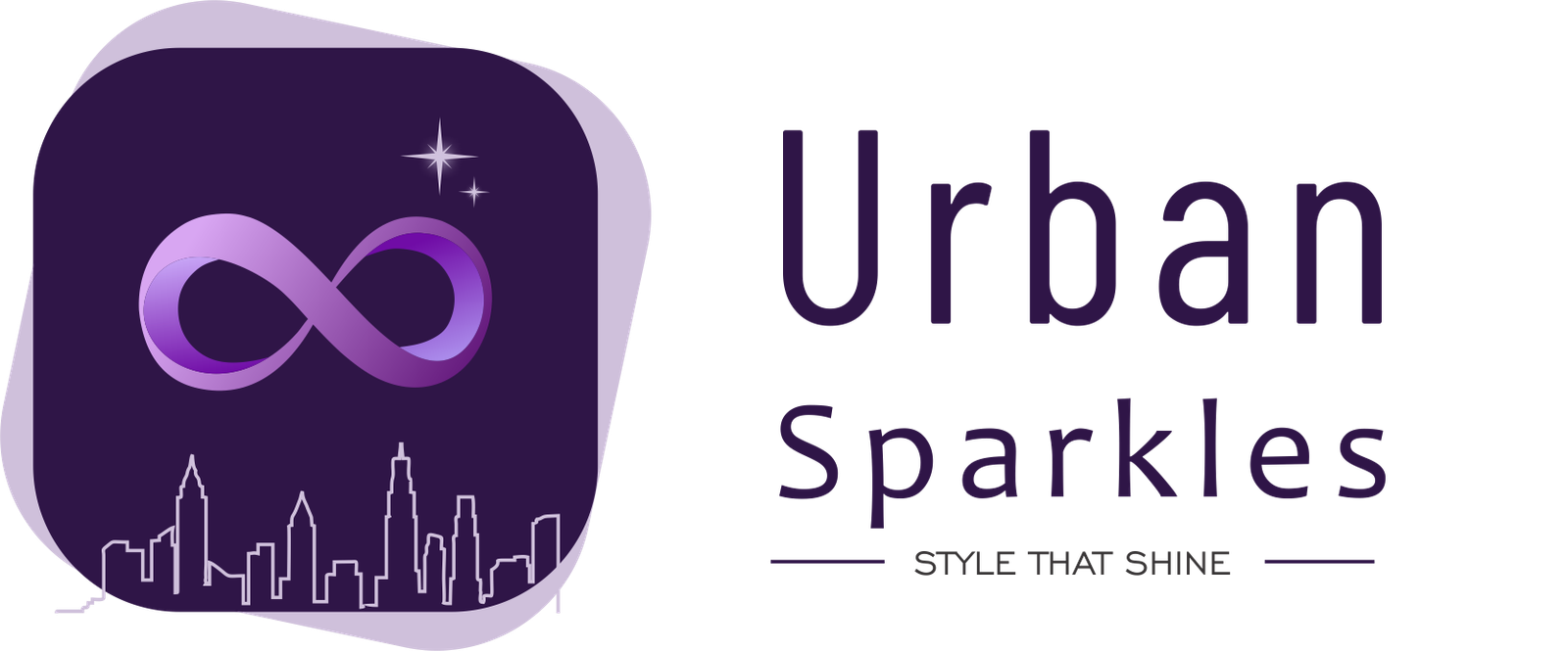 Urban Sparkles logo featuring a purple infinity symbol with a city skyline and elegant brand typography
