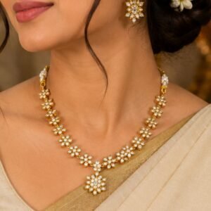 US-NE-0004-1.jpg Elegant Floral American Diamond Necklace Set for Women | Gold-Plated CZ Bridal & Party Wear Necklace with Matching Earrings
